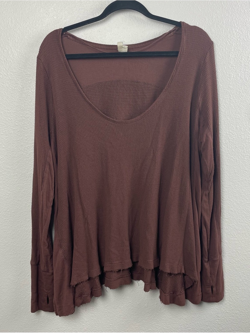 We The Free Mauve-Brown Waffle Scoop Neck Long Sleeve Top